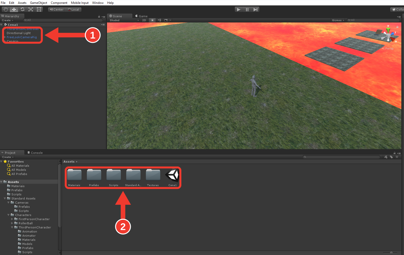 Unity com a Cena1 aberta: na Hierarchy, ThirdPersonController, Directional Light, FreeLookCameraRig e Cenário; na Scene, o chão de grama, a lava e as plataformas; no painel Project, a pasta Assets com Materiais, Prefabs, Scripts, Standard Assets, Texturas e a Cena1. Molduras e setas vermelhas numeradas destacam a lista da Hierarchy (1) e as pastas do Assets (2)