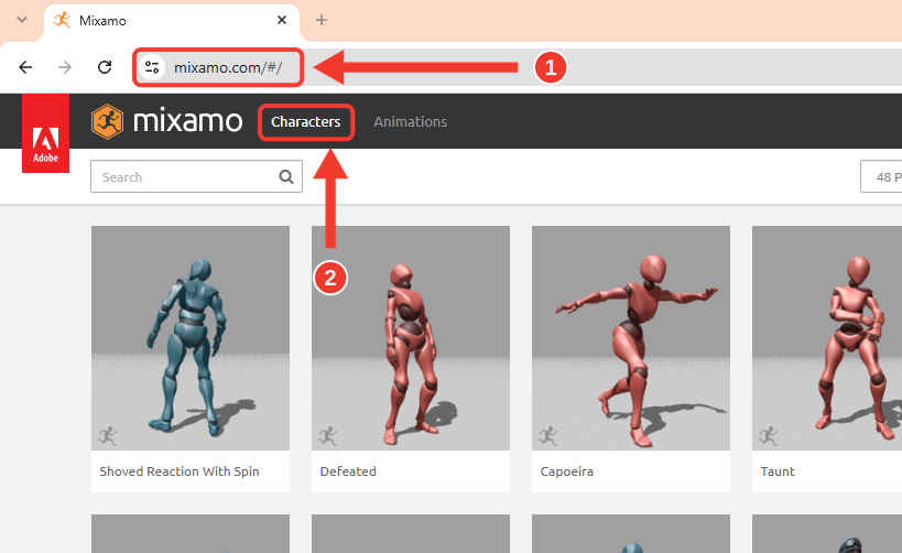 Site mixamo.com aberto no navegador, com a barra de endereço e a aba Characters. Molduras e setas vermelhas numeradas destacam a barra de endereço (1) e a aba Characters (2)