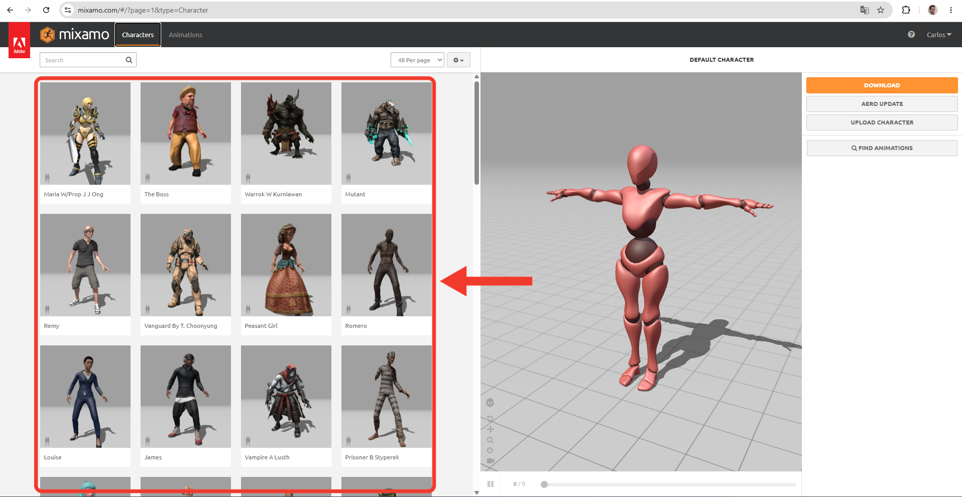 Aba Characters do Mixamo: à esquerda a lista de personagens e à direita o DEFAULT CHARACTER, um boneco vermelho em pose de T. Moldura e seta vermelhas destacam a lista de personagens