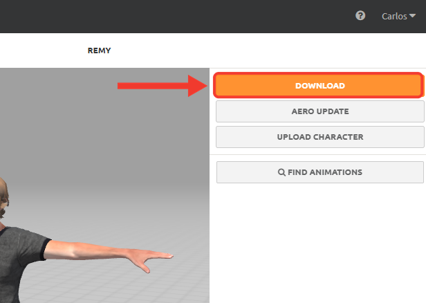 Lado direito do Mixamo com os botões DOWNLOAD, AERO UPDATE, UPLOAD CHARACTER e FIND ANIMATIONS. Moldura e seta vermelhas destacam o botão laranja DOWNLOAD