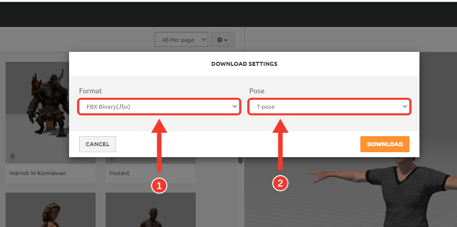 Janela DOWNLOAD SETTINGS do Mixamo com o campo Format em FBX Binary(.fbx) e o campo Pose em T-pose. Molduras e setas vermelhas numeradas destacam o campo Format (1) e o campo Pose (2)
