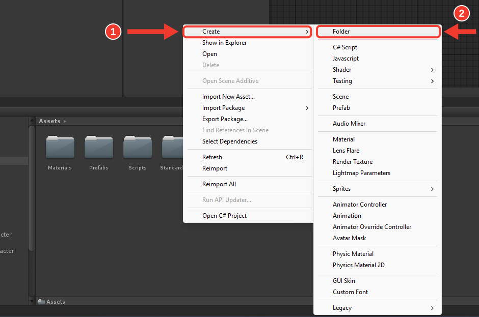 Menu aberto no painel Project do Unity, com Create e a opção Folder. Molduras e setas vermelhas numeradas destacam Create (1) e Folder (2)