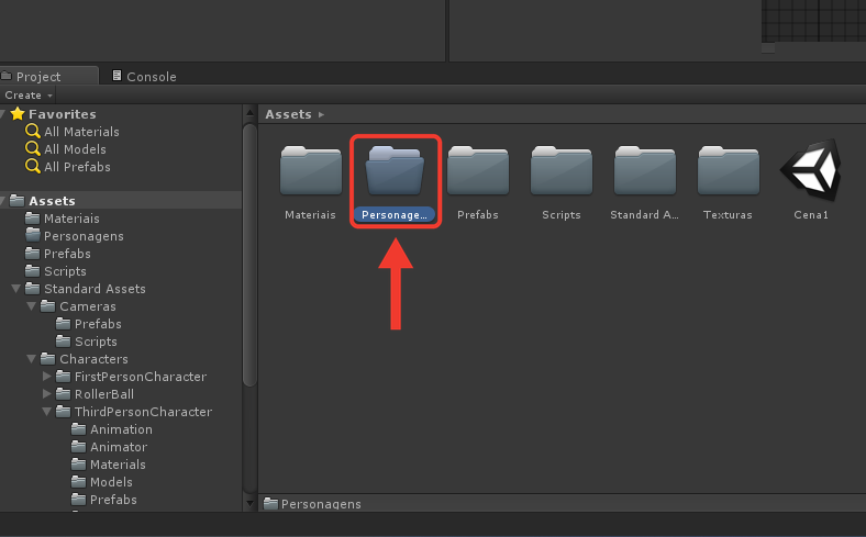 Painel Project do Unity com uma pasta nova, com o nome em azul, entre as pastas Materiais e Prefabs. Moldura e seta vermelhas destacam a pasta