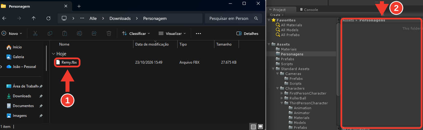 Janela do Windows com o arquivo Remy.fbx ao lado do Unity, com a pasta Personagens aberta e vazia. Molduras e setas vermelhas numeradas destacam o arquivo Remy.fbx (1) e o painel da pasta Personagens (2)