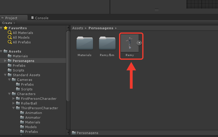 Pasta Personagens no Unity com a pasta Materials, a pasta Remy.fbm e o modelo Remy. Moldura e seta vermelhas destacam o Remy