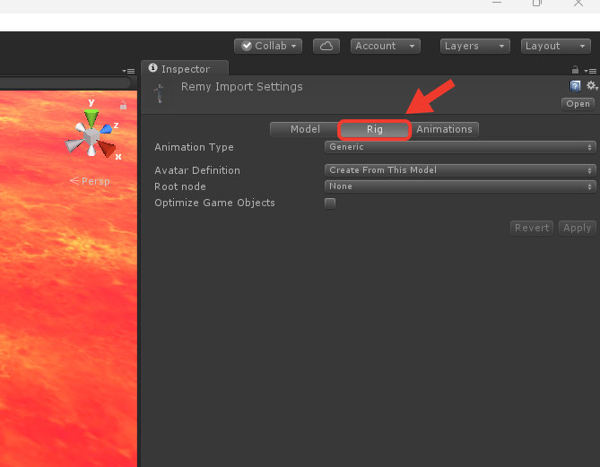 Inspector do Unity com o Remy Import Settings, abas Model, Rig e Animations, e o Animation Type em Generic. Moldura e seta vermelhas destacam a aba Rig