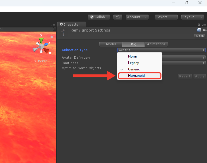 Lista do campo Animation Type aberta no Inspector, com as opções None, Legacy, Generic e Humanoid. Moldura e seta vermelhas destacam a opção Humanoid