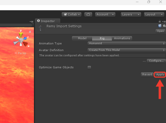 Inspector com o Animation Type em Humanoid e o botão Apply ativo. Moldura e seta vermelhas destacam o botão Apply