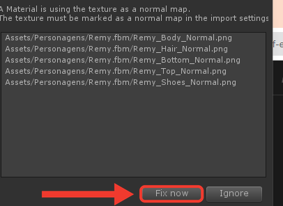 Janela de aviso do Unity dizendo que um material usa a textura como mapa de normais, com a lista dos arquivos Remy_Body_Normal, Remy_Hair_Normal, Remy_Bottom_Normal, Remy_Top_Normal e Remy_Shoes_Normal, e os botões Fix now e Ignore. Moldura e seta vermelhas destacam o botão Fix now