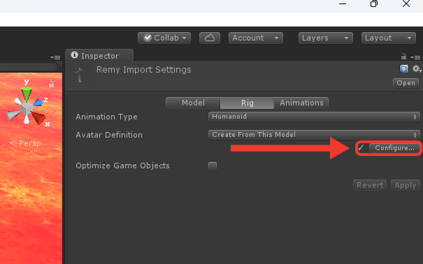 Inspector com o Animation Type em Humanoid, o botão Apply cinza e um sinal de certo ao lado do botão Configure. Moldura e seta vermelhas destacam o sinal de certo e o botão Configure