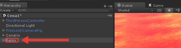 Painel Hierarchy com o Remy selecionado, de fundo cinza, no fim da lista, e a Scene mostrando só a lava. Moldura e seta vermelhas destacam o Remy