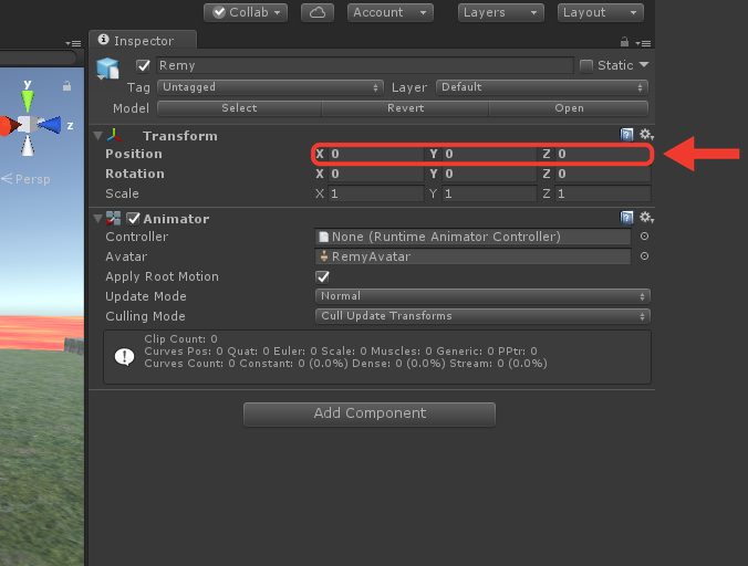 Inspector do Remy com Position 0, 0, 0, Rotation 0, 0, 0 e Scale 1, 1, 1, e o componente Animator com o Avatar RemyAvatar. Moldura e seta vermelhas destacam a linha Position