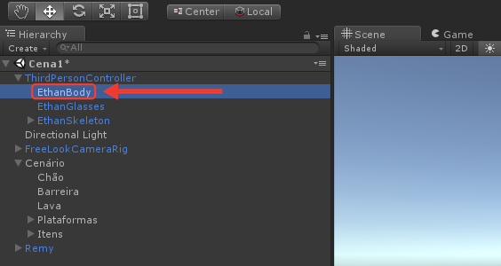 Hierarchy com o ThirdPersonController aberto, mostrando EthanBody, EthanGlasses e EthanSkeleton, e o EthanBody selecionado. Moldura e seta vermelhas destacam o EthanBody