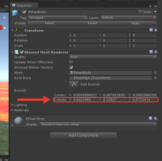 Inspector do EthanBody com o Skinned Mesh Renderer e, em Bounds, Extents X 0.8023984, Y 0.23827 e Z 0.5723474. Moldura e seta vermelhas destacam a linha Extents