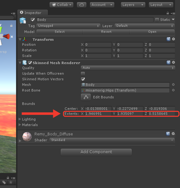 Inspector do Body do Remy com o Skinned Mesh Renderer e, em Bounds, Extents X 1.946991, Y 1.935097 e Z 0.5158645. Moldura e seta vermelhas destacam a linha Extents