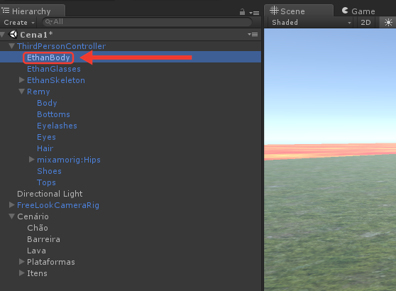Hierarchy com o EthanBody selecionado, dentro do ThirdPersonController. Moldura e seta vermelhas destacam o EthanBody