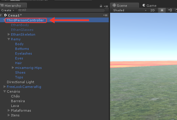 Hierarchy com o ThirdPersonController selecionado e as linhas EthanBody e EthanGlasses em cinza. Moldura e seta vermelhas destacam o ThirdPersonController