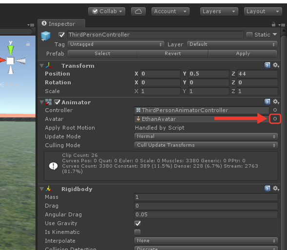 Inspector do ThirdPersonController com o Animator, Controller ThirdPersonAnimatorController e Avatar EthanAvatar. Moldura e seta vermelhas destacam o círculo ao lado do campo Avatar