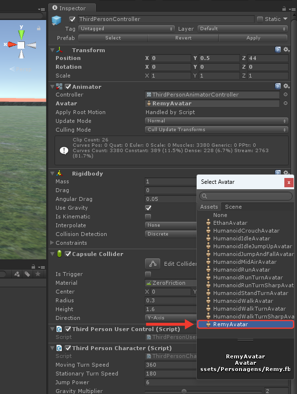 Janela Select Avatar aberta sobre o Inspector, com a lista de avatares e o RemyAvatar selecionado no fim. Moldura e seta vermelhas destacam o RemyAvatar
